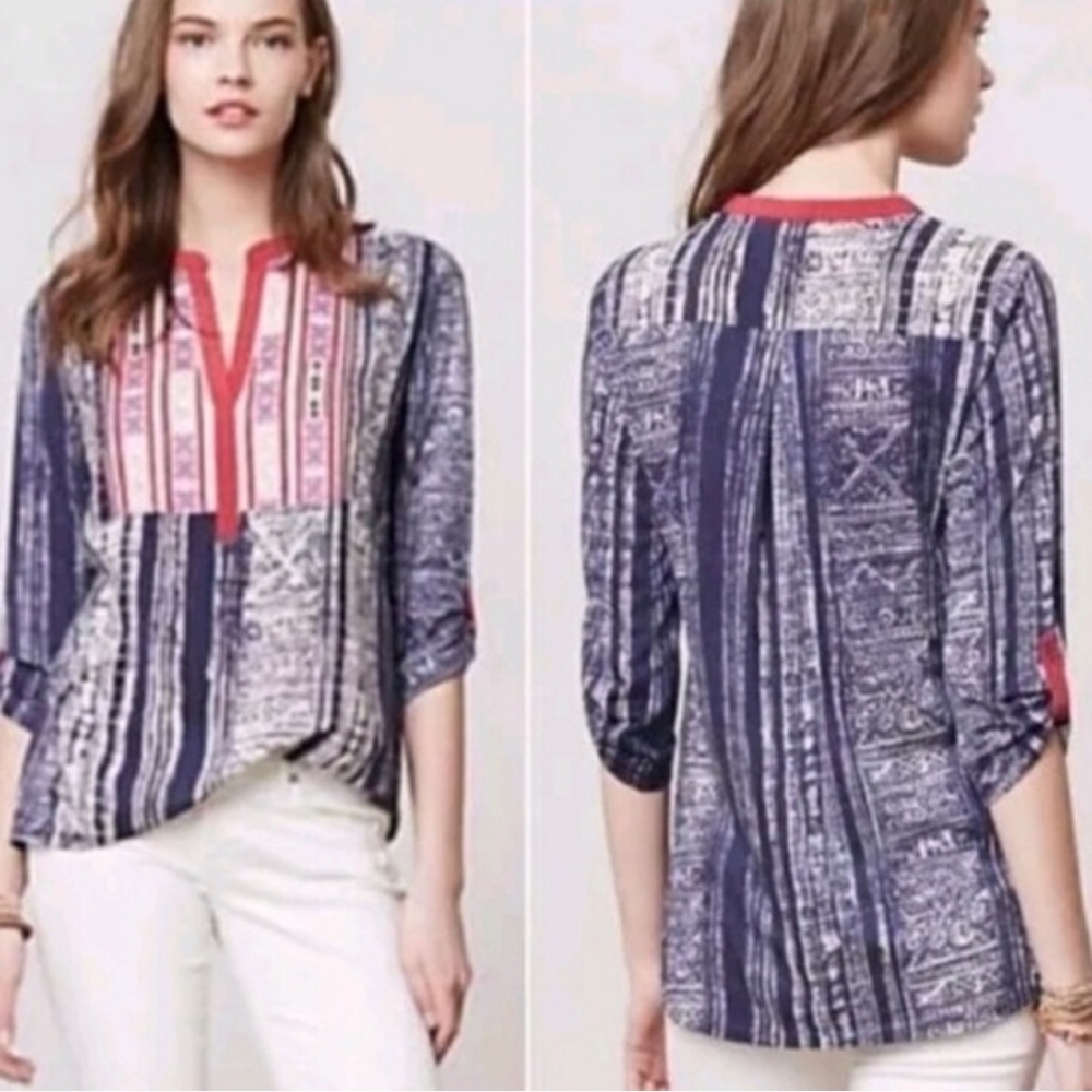 Antropologie Tiny‎ M Boho Blouse Hippy Embroidery Tunic Style Stripes Print